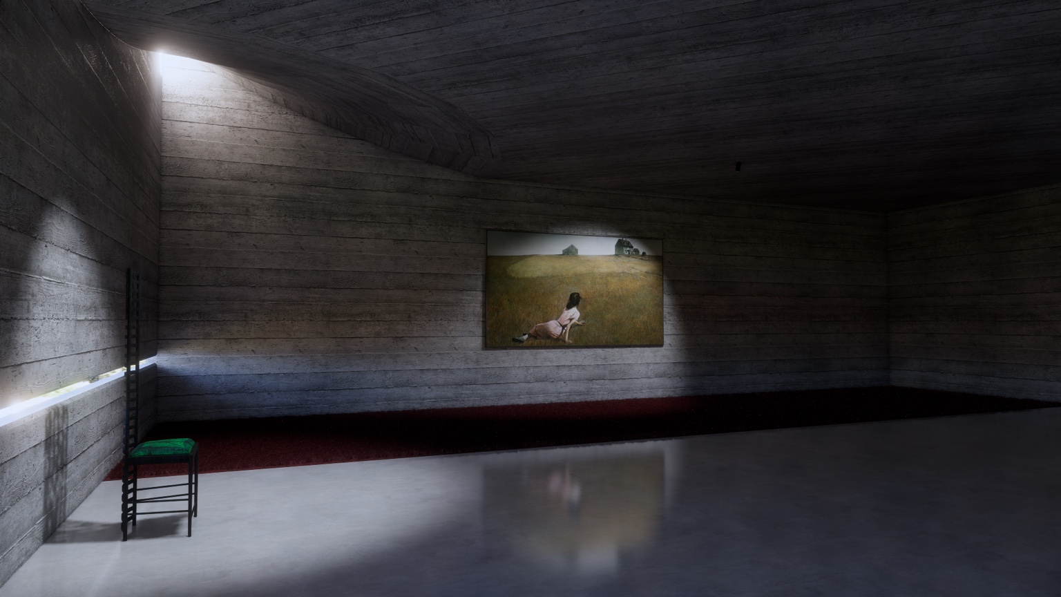 The high-back chair beside the light slit faces Christina’s World across the concrete room