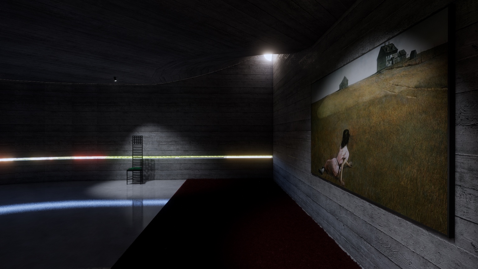 From an oblique view, the nearby painting and distant chair occupy opposite ends of the room