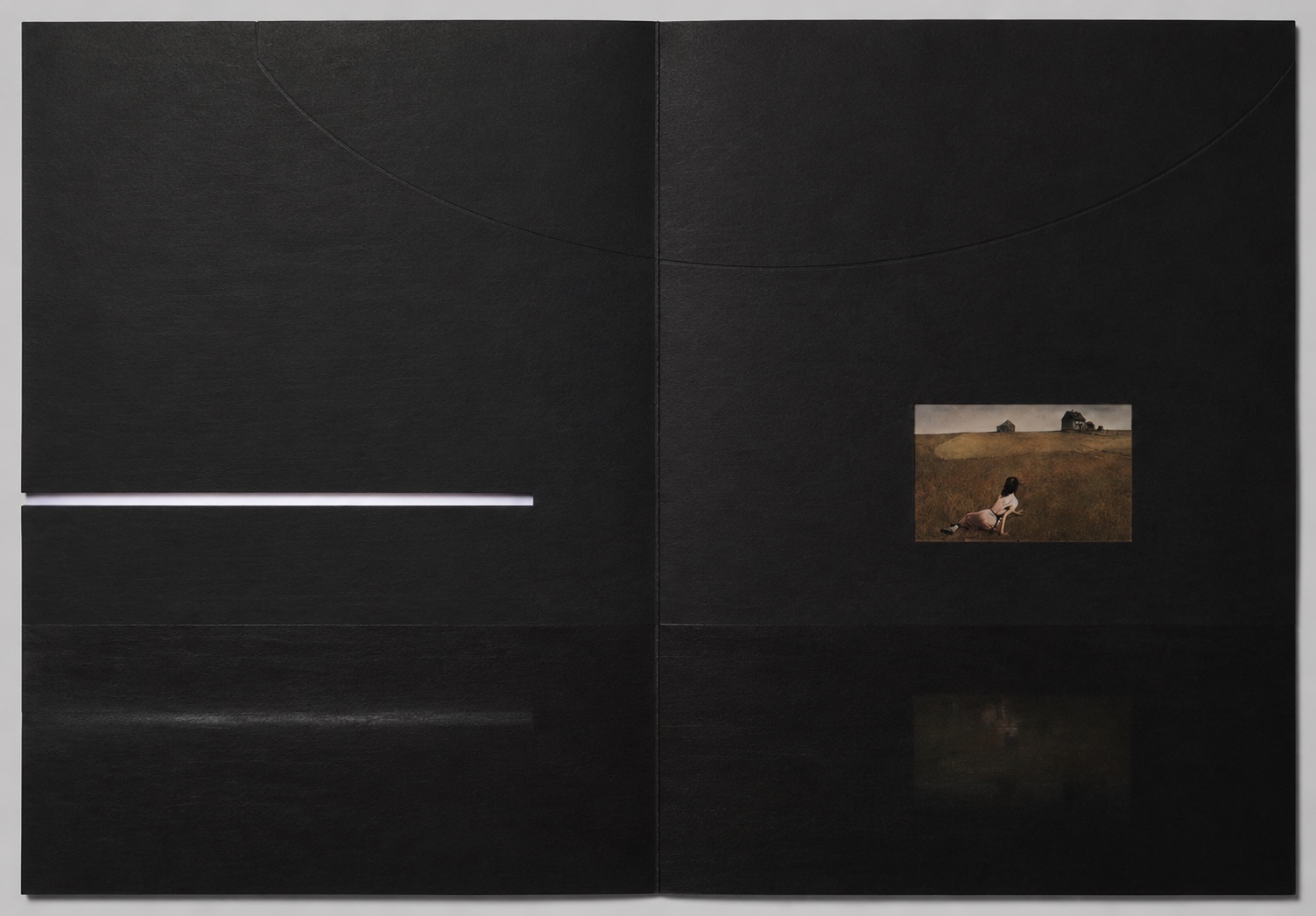 A black conceptual composition reducing the room to a light slit, an arc, and a small image