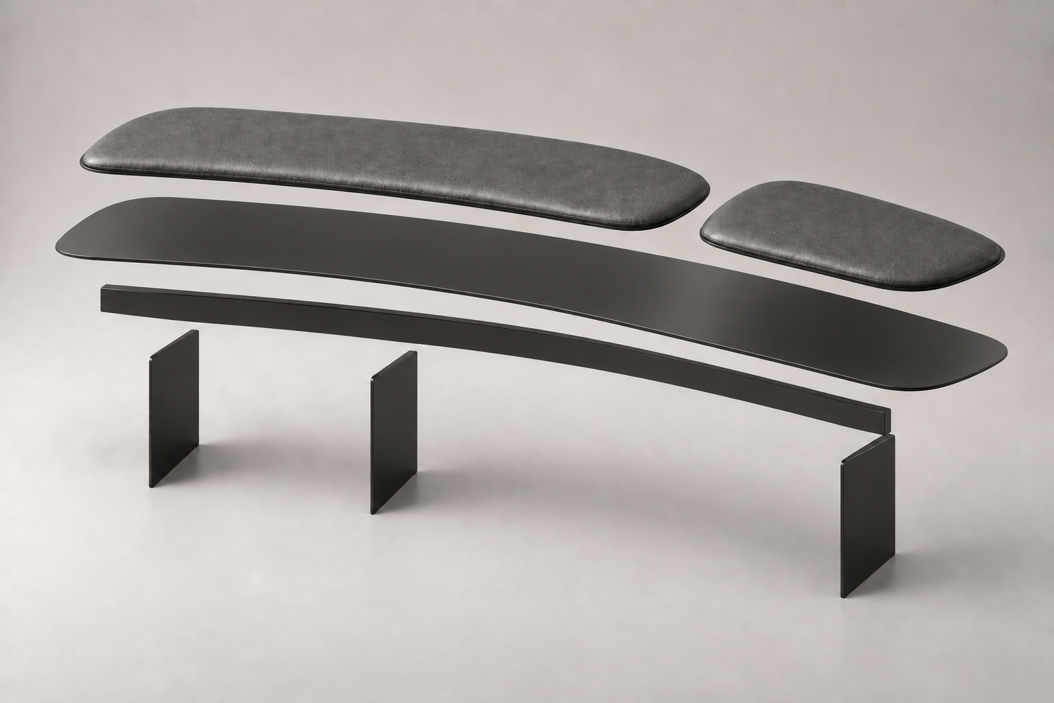 Exploded conceptual view of two cushions, one continuous seat plane, an apron and three vertical steel plate legs