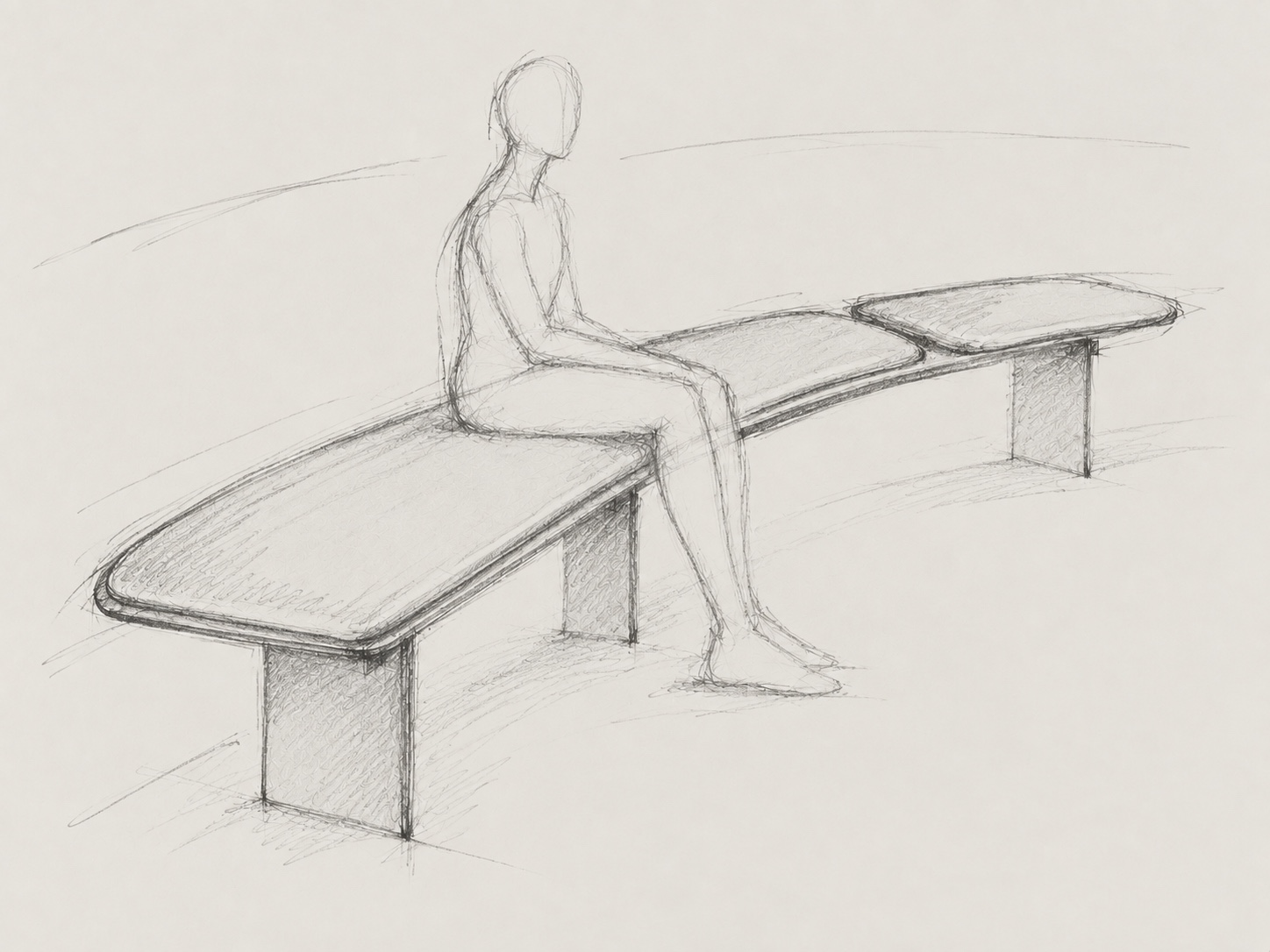 Loose graphite study from the long end, showing a seated figure, unequal cushions and three plate supports.