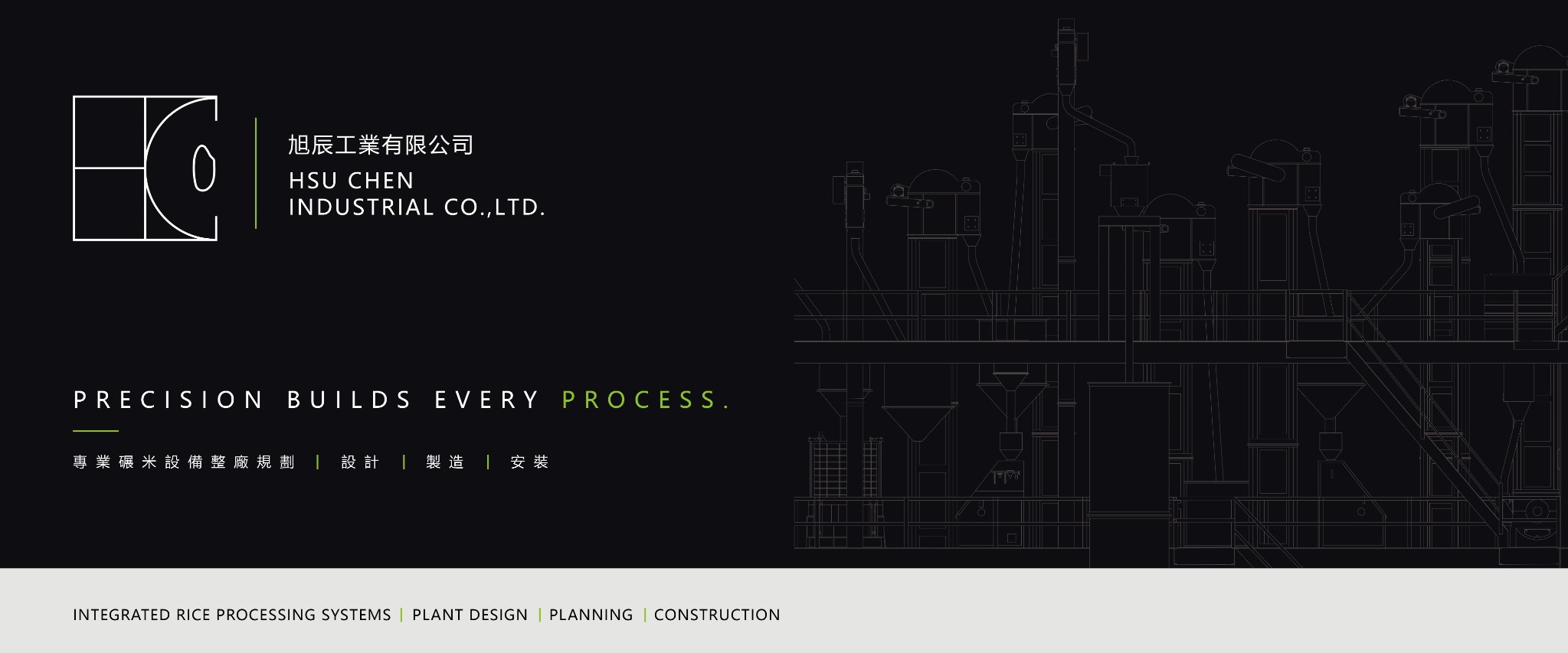 Hsu Chen brand banner with precision statement and processing plant line drawing