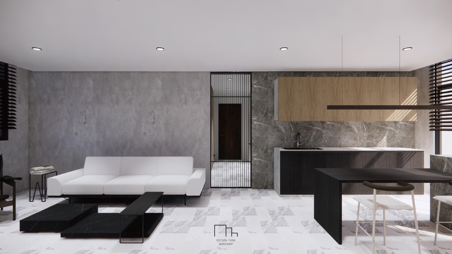 Living room and kitchen composed in pale stone, black timber and warm oak