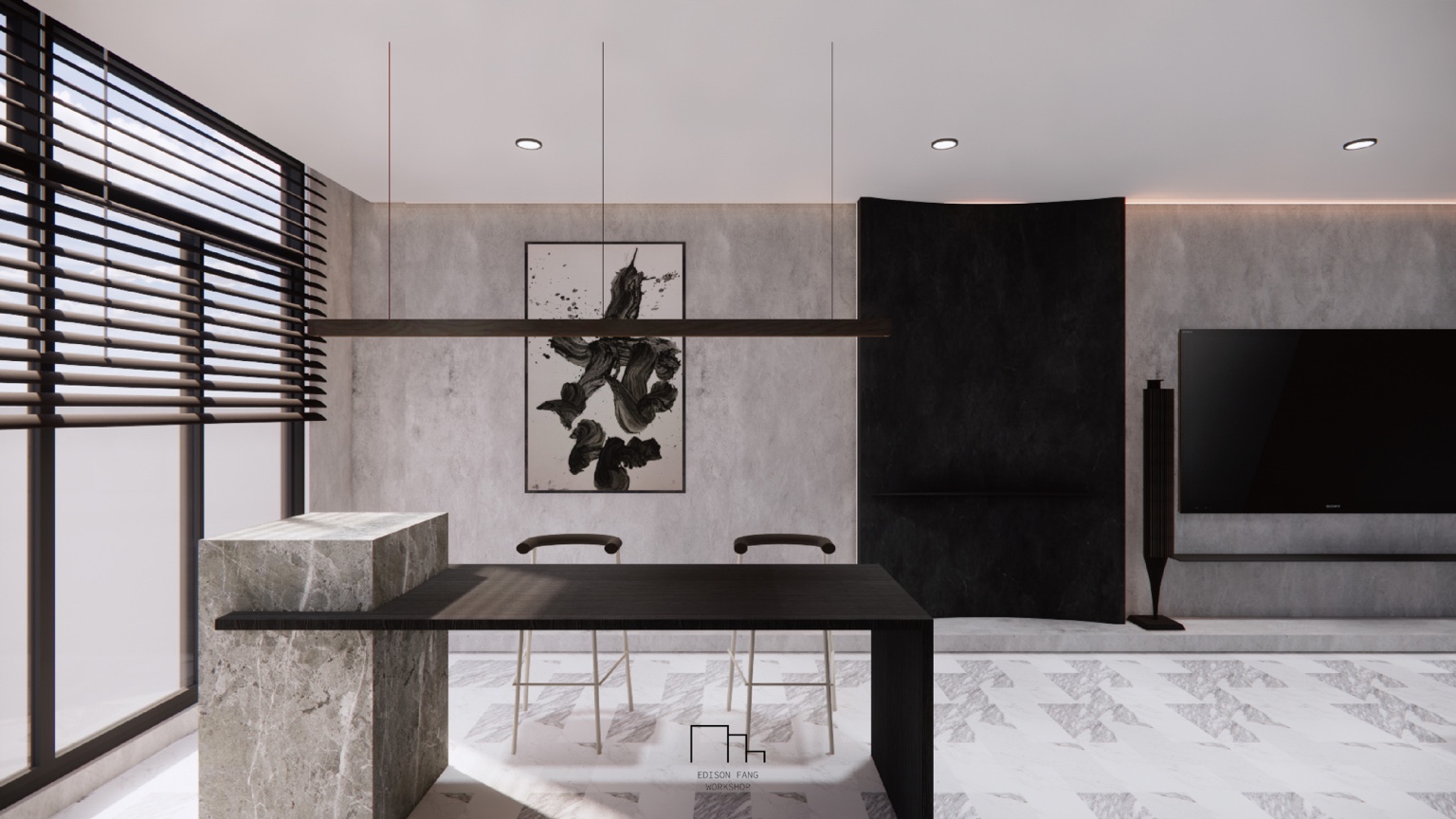 Dining table aligned with a stone volume and suspended linear light
