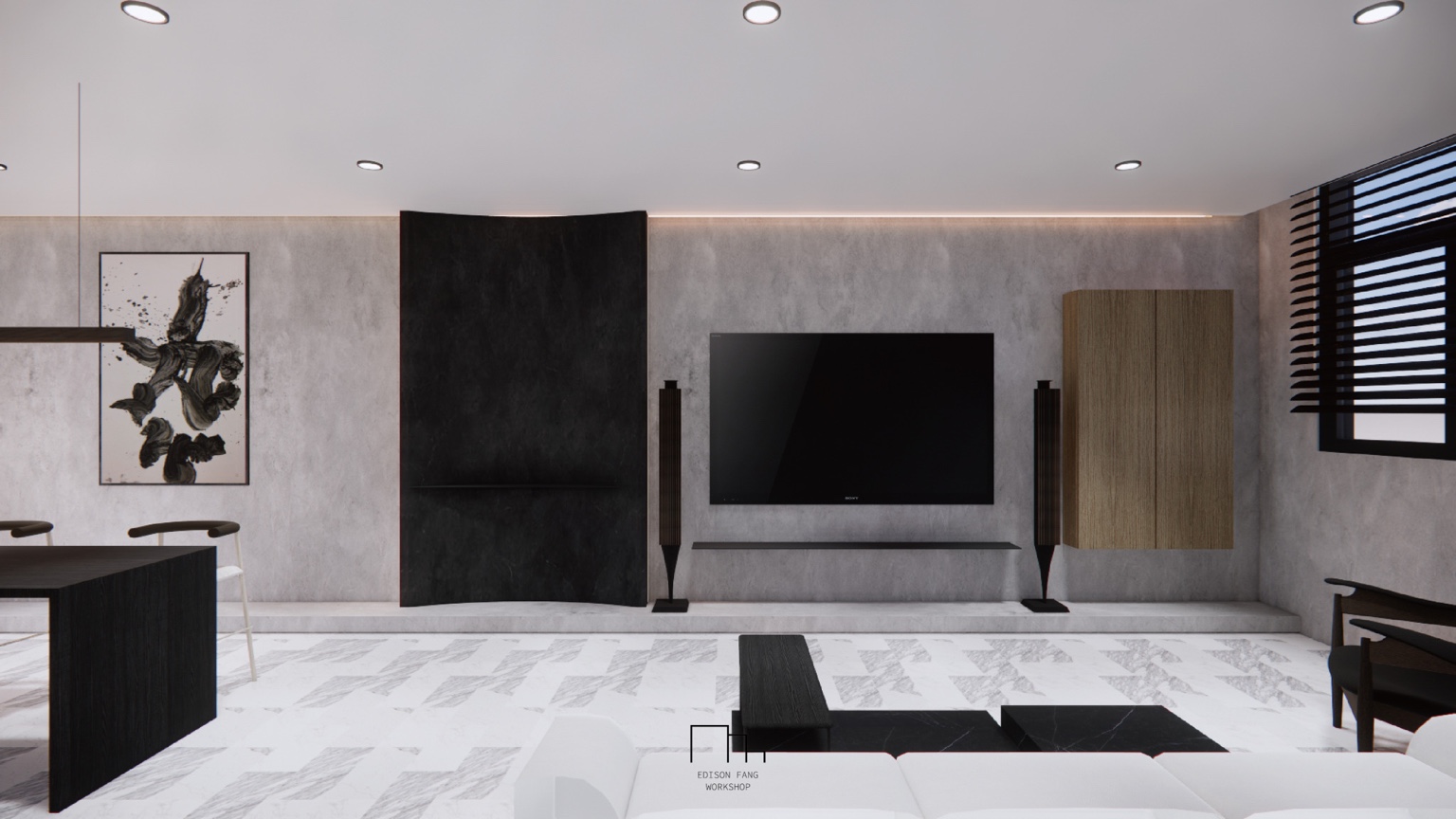 Dark folded volume anchors the television wall within the pale interior