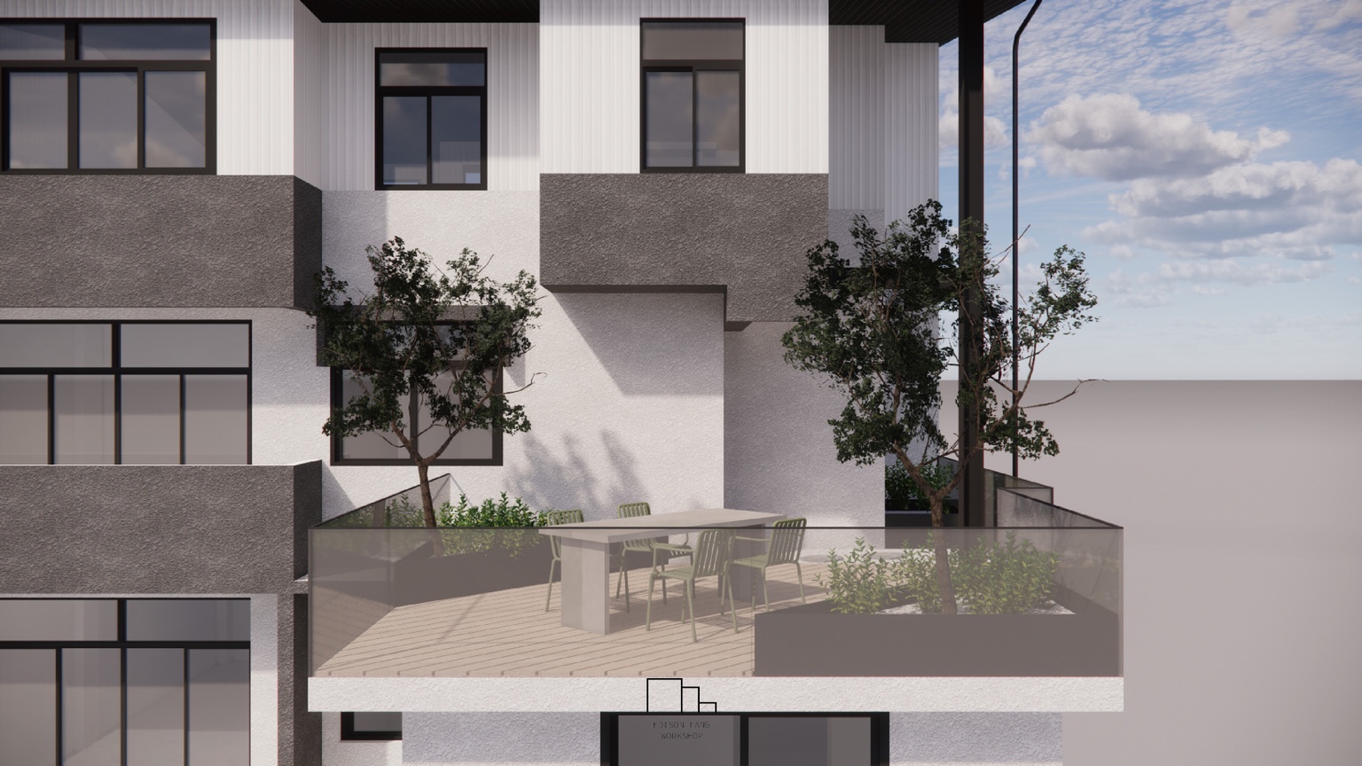 Planted terrace extending the dining area toward open sky