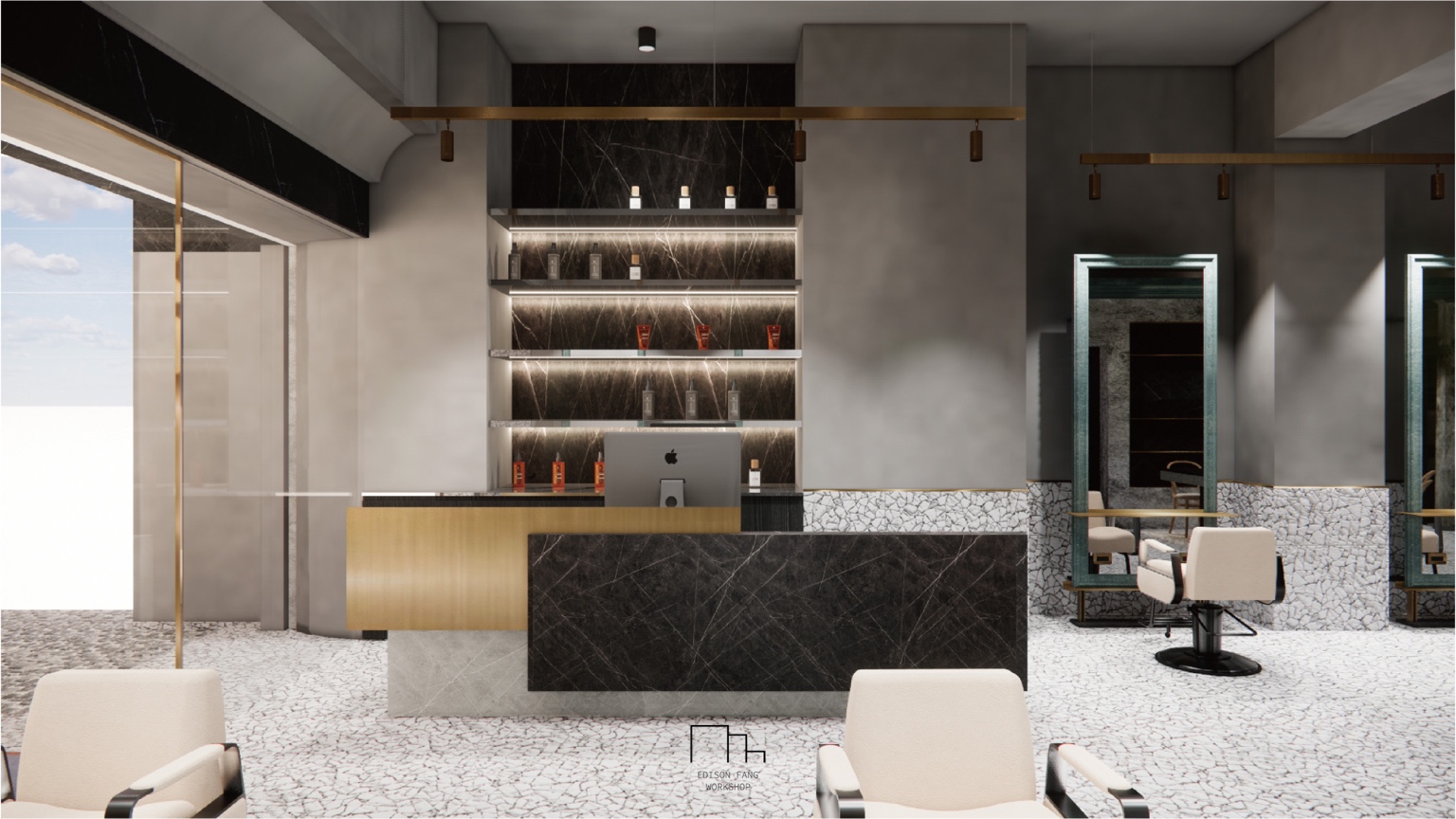Layered stone and brass reception desk facing illuminated product shelves