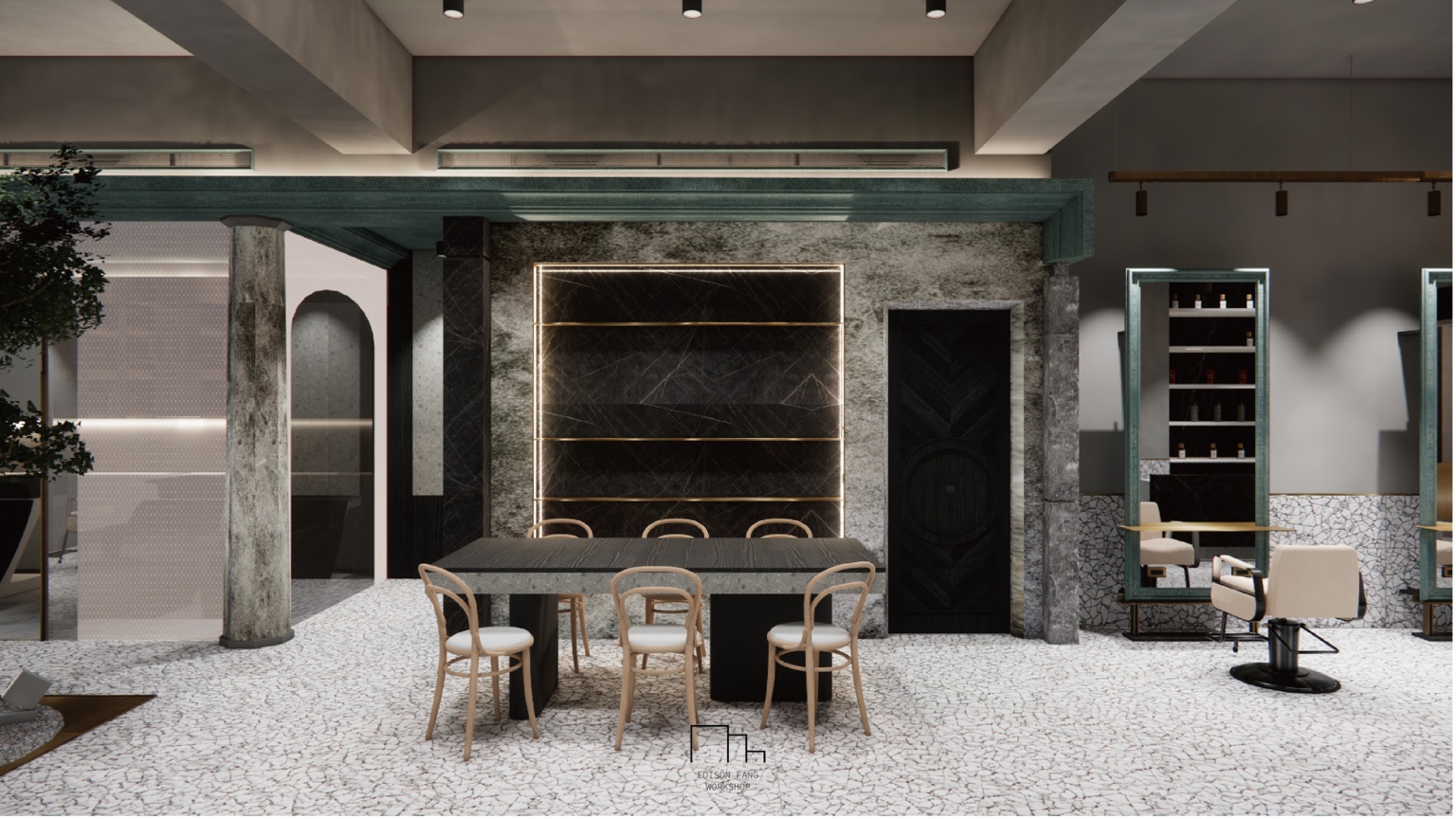 Communal table framed by a monumental green beam and mineral surfaces