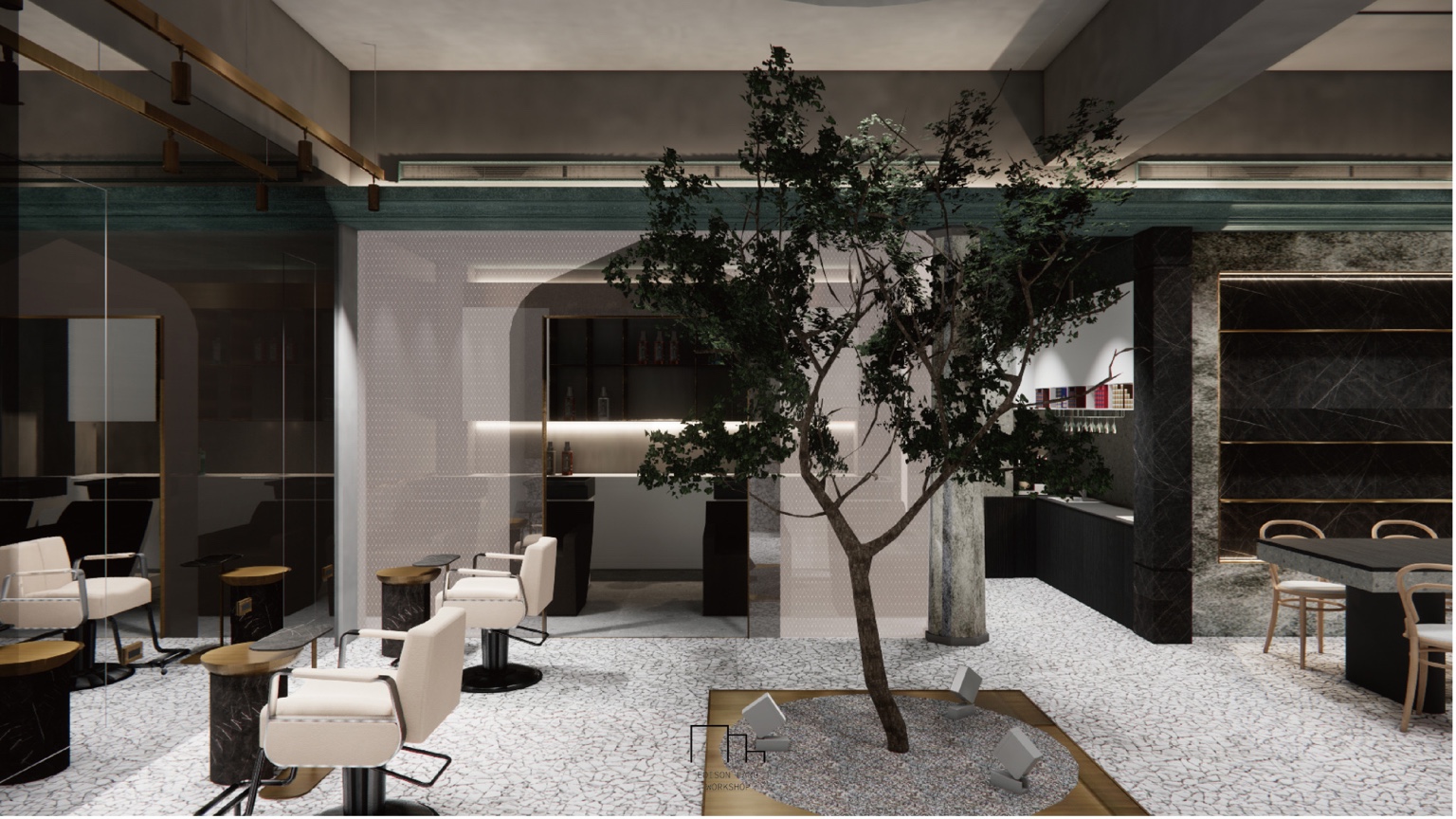 A central tree interrupts the salon axis and gathers waiting seats around it