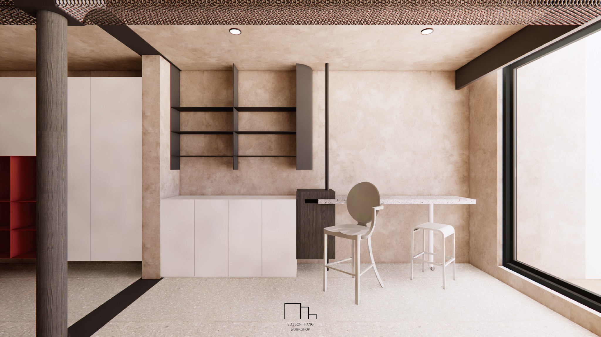 Open kitchen framed by pale cabinetry, dark shelving and a perforated metal ceiling