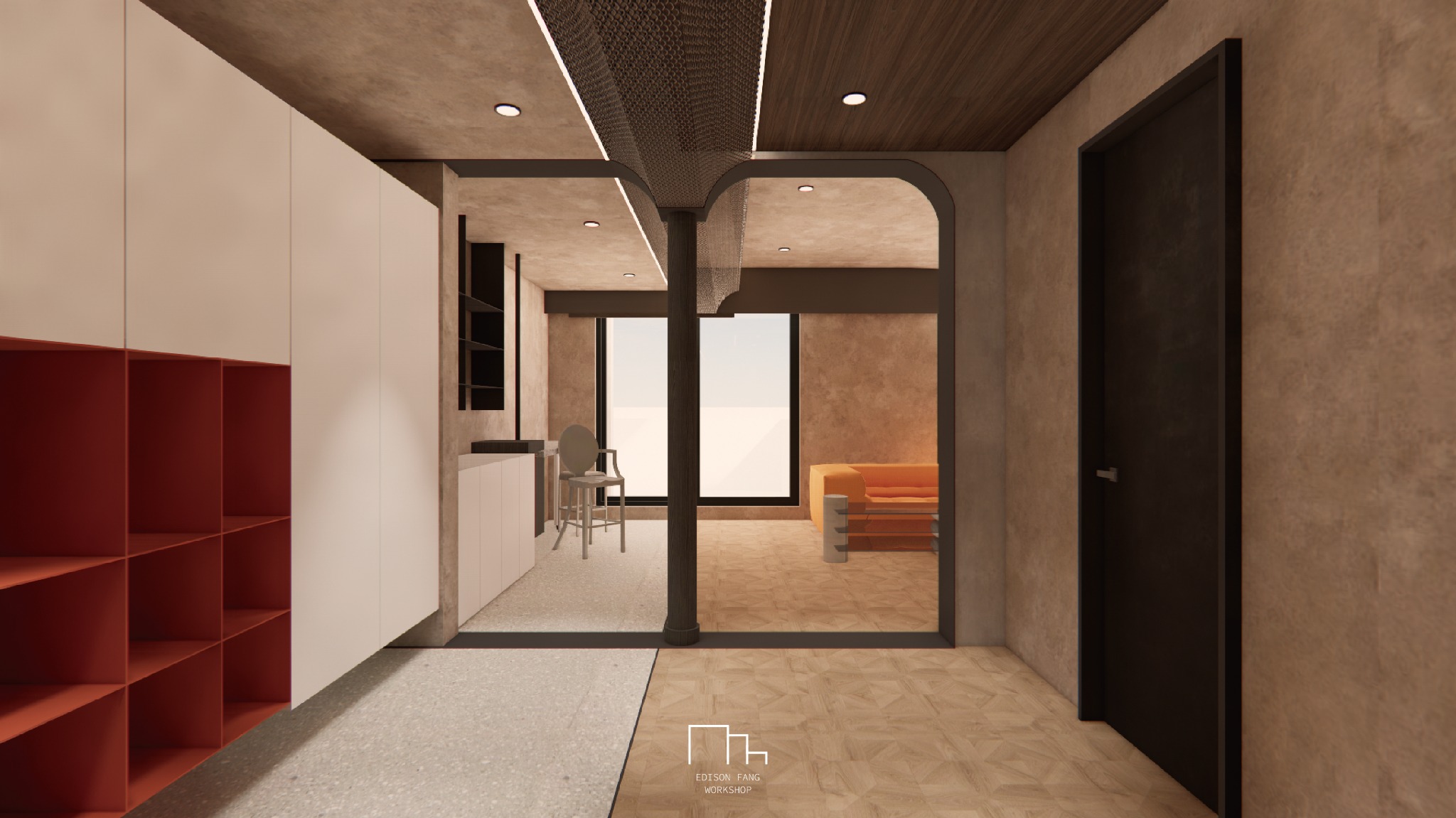 Sequence of softened arches and dark columns leading from the entry toward the living room