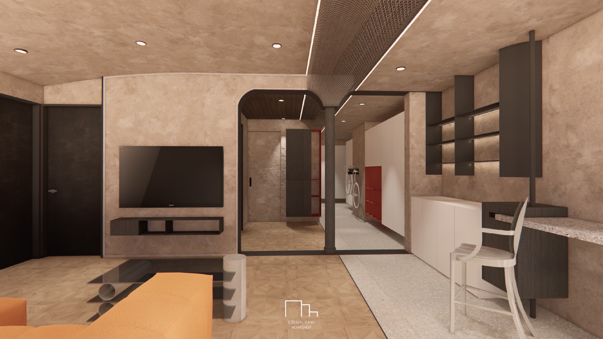 Living room viewed across the central framed passage toward the kitchen and storage wall