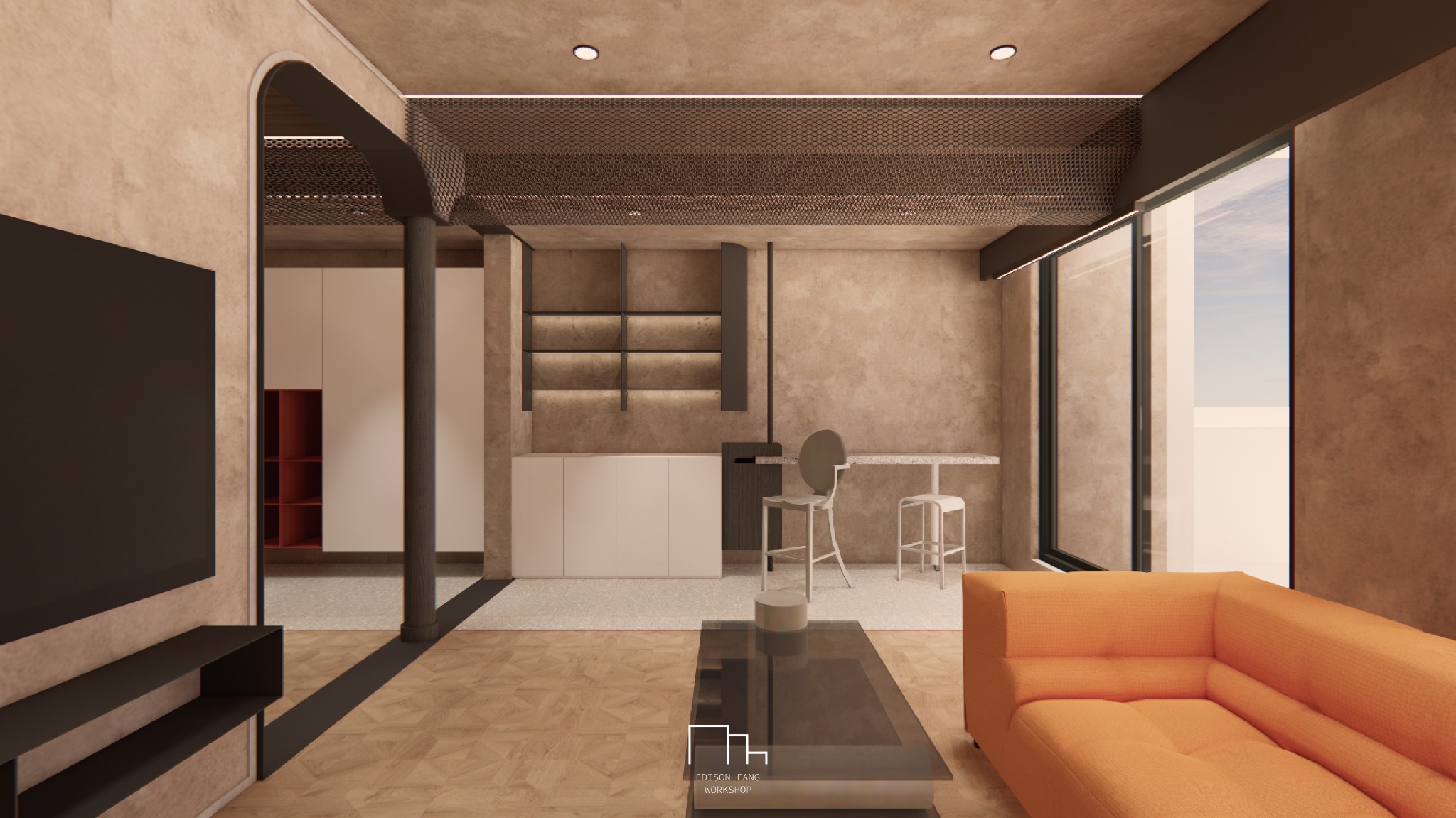 Orange sofa anchoring a living area beneath a suspended perforated metal canopy