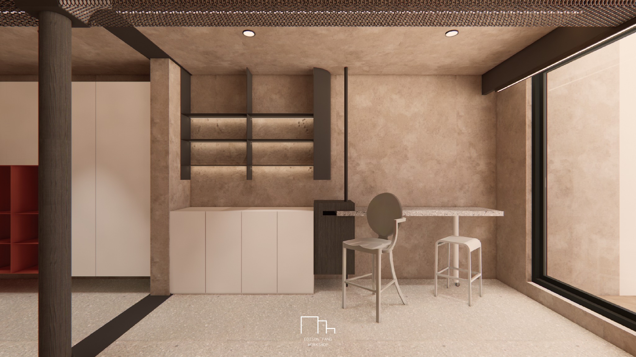 Frontal view of the pale kitchen wall, dark illuminated shelves and dining counter